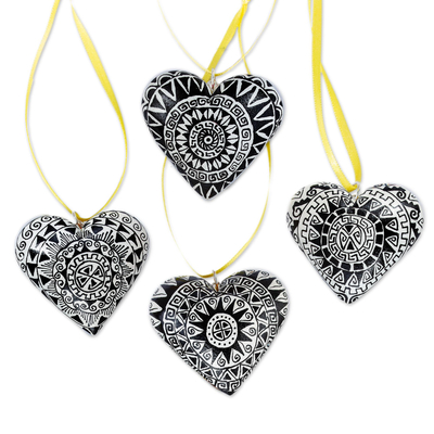 Kiva Store  4 Zapotec Hand Painted Black and White Wood Heart Ornaments -  Zapotec Heart